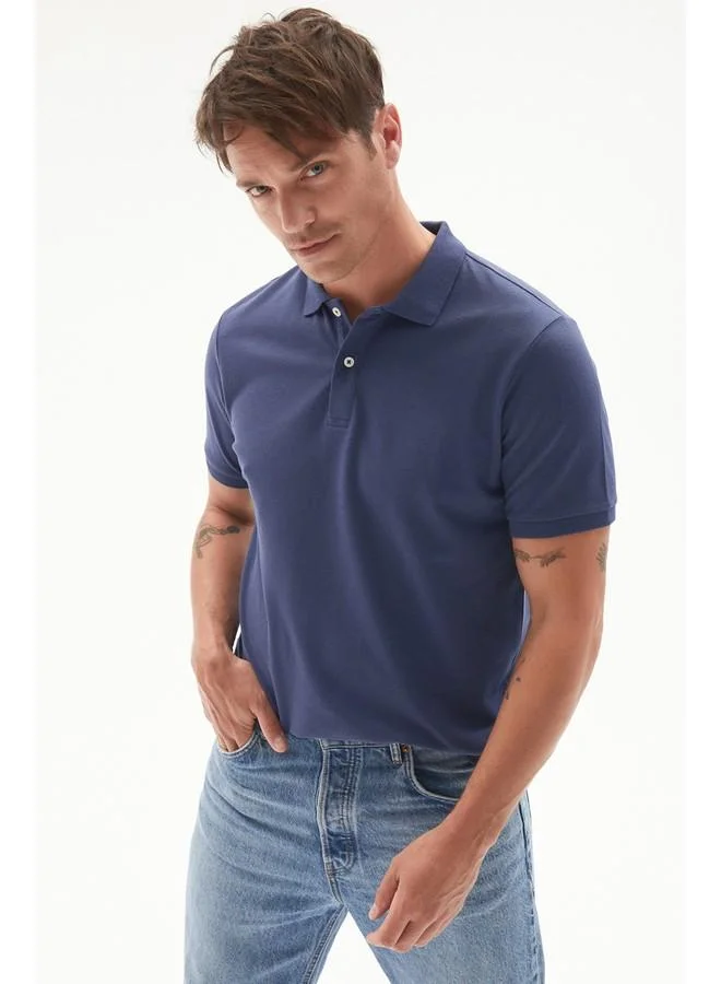 JUNE June Men 100% Cotton Basic Relaxed Fit Polo Neck Tshirt Indigo