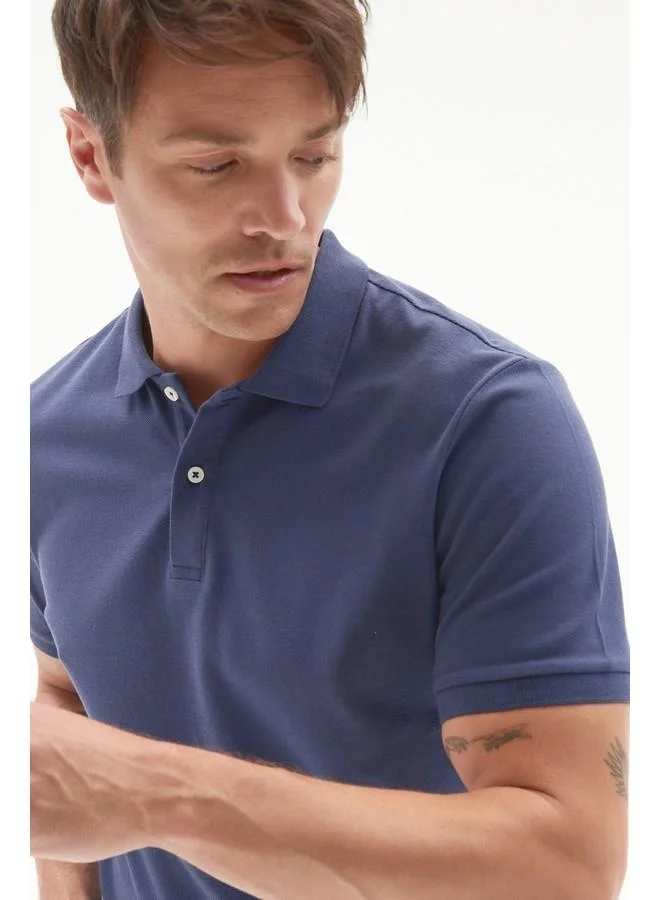 JUNE June Men 100% Cotton Basic Relaxed Fit Polo Neck Tshirt Indigo