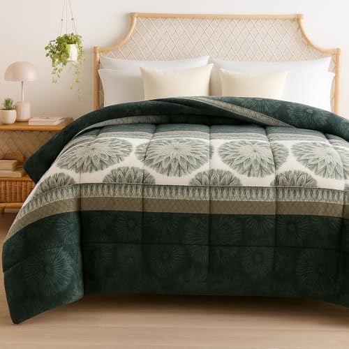VAS COLLECTIONS 3 Layered Winter Quilt/Rajai 600 GSM | Heavy Thick & Fluffy Comforter for Double Bed | Ultra Warm Blanket for Extreme Cold | Quilted Floral Green & White (3 Kg) - Image 1