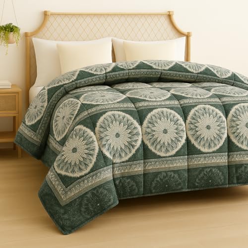VAS COLLECTIONS 3 Layered Winter Quilt/Rajai 600 GSM | Heavy Thick & Fluffy Comforter for Double Bed | Ultra Warm Blanket for Extreme Cold | Quilted Floral Green & White (3 Kg) - Image 5