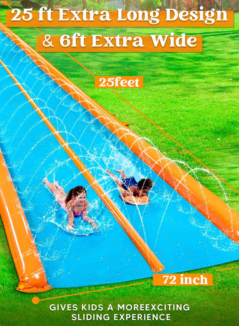 Sloosh Double Lane Water Slide,25ft x 6ft Heavy Duty Lawn Water Slip and Slide with Sprinkler and 2 Inflatable Boards for Adult Kids Party Summer Yard Outdoor Play Activities - Image 2