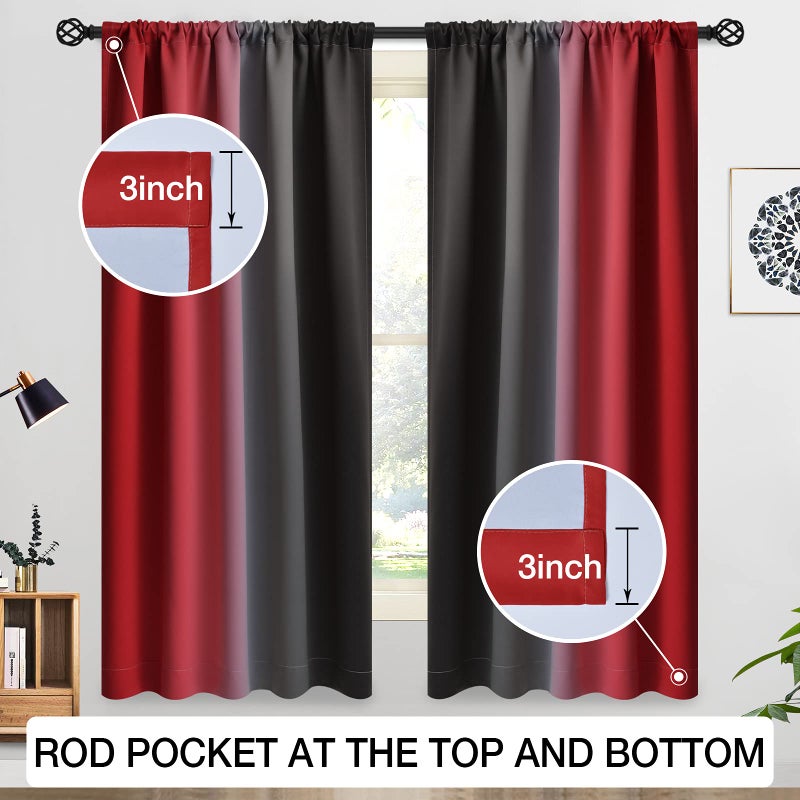 COSVIYA Ombre Room Darkening Red and Black Curtains 63 inches Length for Kids Bedroom  Light Blocking 2 Tone Reversible Rod Pocket Gradient Window Drapes for Living Room 2 Panels  52 inches Wide - Image 2