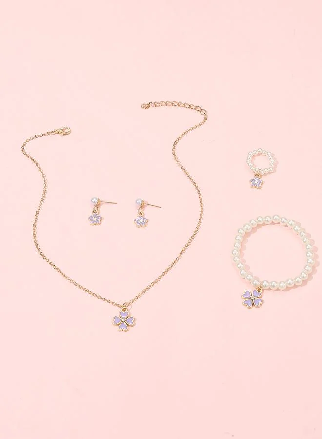 Girls Purple Clover Charm and Pearl Necklace, Bracelet, Ring and Earrings Set