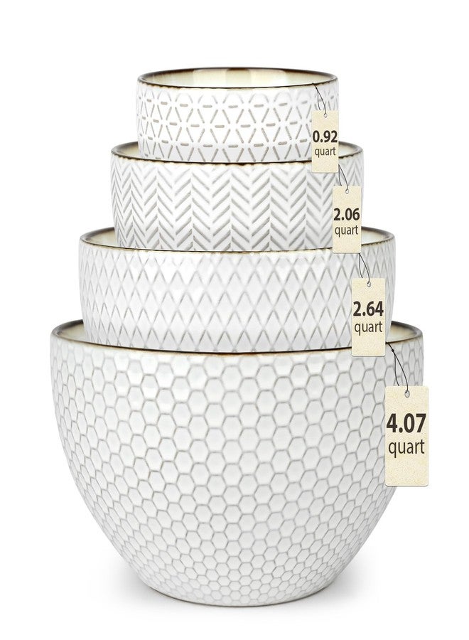 Ollieroo Ceramic Mixing Bowls, Set of 4 Embossed Nesting Bowls, Large Stoneware prepping bowls for Cooking, Baking, Salad, Sourdough, 0.92/2.06/2.64/4.07 QT, Microwave and Dishwasher Safe, White - Image 1