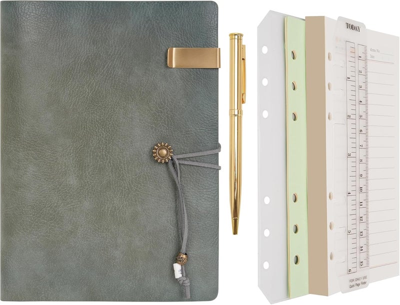 WONDERPOOL Leather Diary Notebook Ring Binder - Refillable Folder Writing Paper Spiral Business Notepads Vintage Cover for Office Plan Travel Organiser (A-Green, A5) - Image 1