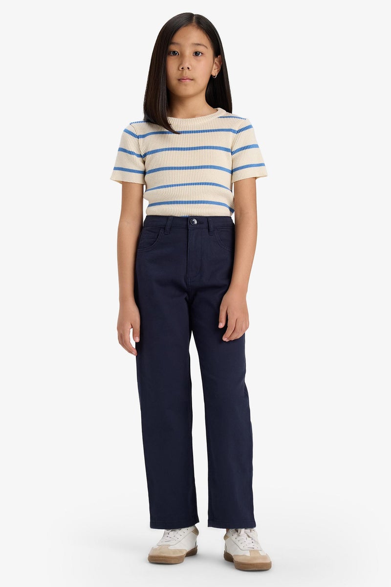 DeFacto Blue Girl Girl Straight Fit Loose Fit Cotton Trousers Casual - Image 3