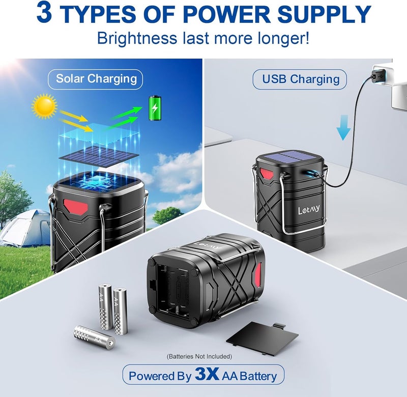 LET MY 4 Pack Camping Lantern, Rechargeable LED Lanterns, Solar Lantern Battery Powered Hurricane Lanterns Flashlight with 3 Powered Ways & USB Cable for Emergency, Power Outage, Hurricane Supplies - Image 2