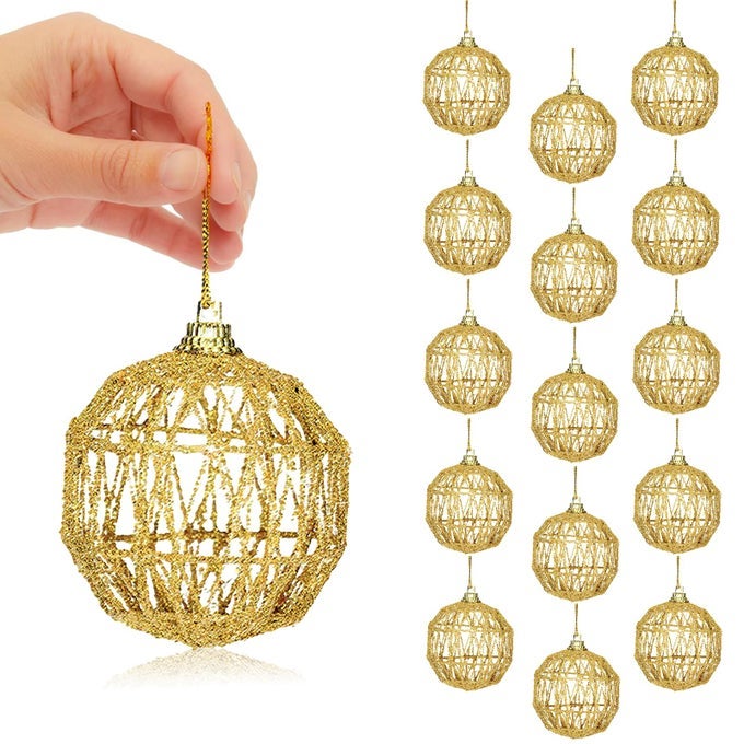 16 GOLDEN CHRISTMAS BALLS 236 GOLD GLITTER TREE ORNAMENT SET 16 PCS