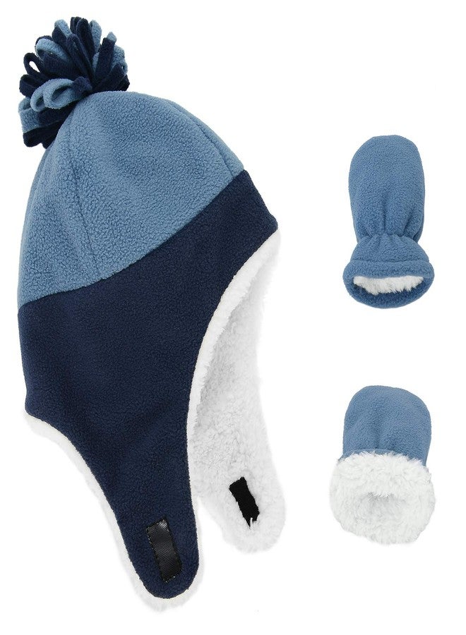 Zando Navy & Blue Baby Winter Hat and Mitten Set - Cute Fleece Sherpa Infant Hats, Warm Toddler Beanie with Ear Flaps, Toddler Aviator Caps, Baby Winter Essentials for Outdoor Home Wear 3-12 Months - Image 1