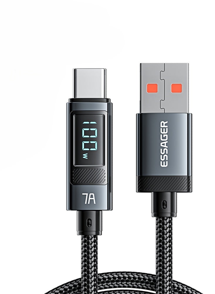 Essager 7A 100W USB-C SuperVooc, SuperCharge, Flash Charge Cable Digital display – USB-A to USB-C – PD3.0/QC3.0 – Nylon Braided- for Samsung-Huawei-HONOR-OPPO-VIVO-OnePlus-Realme (Black, 1 meter) - Image 1