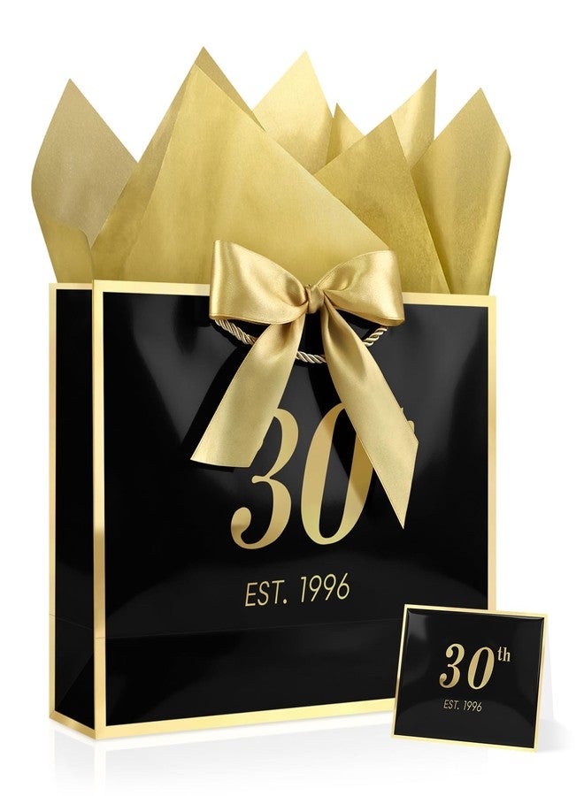 JMANNI 30th Birthday Gift Bag with Card and Tissue Paper for Men Women Him, 13" Elegant Black Gold Anniversary Keepsake Party Present Shopping Paper Bags for Gifts Wrapping （EST.1996/Black/Medium） - Image 1