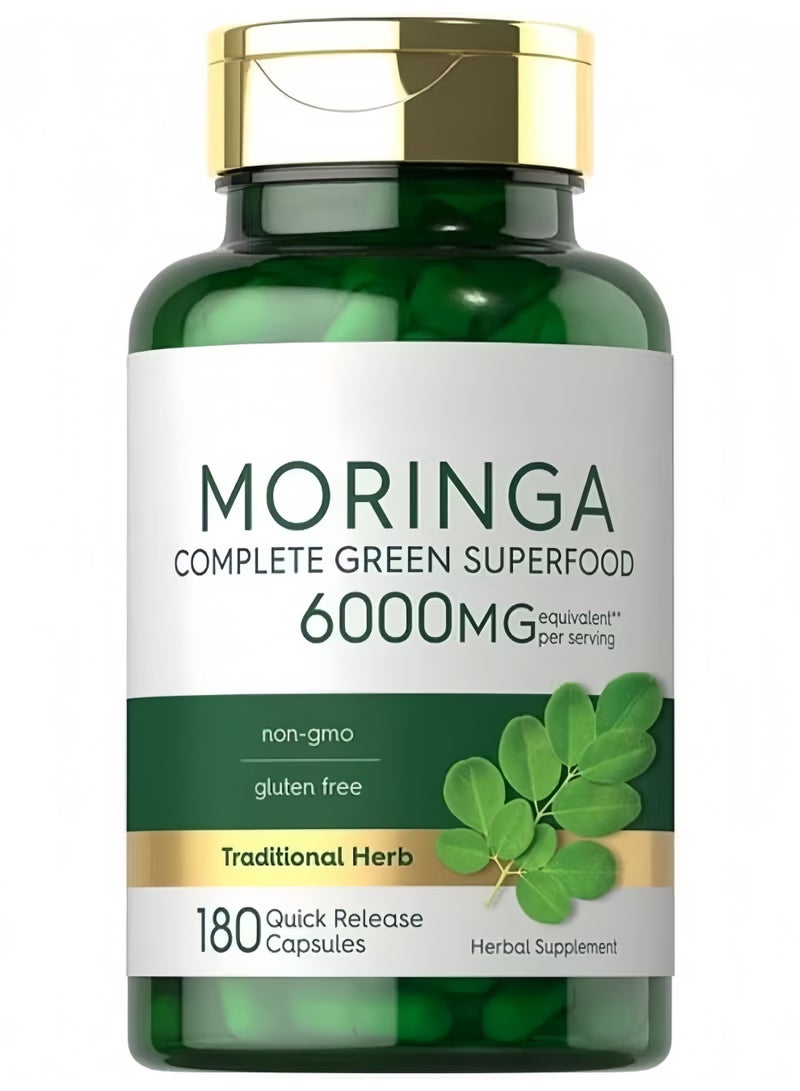 مورينجا غير معدلة وراثياً، خالية من الغلوتين، تركيبة عشبية تقليدية تحتوي على الفيتامينات والمغذيات النباتية الطبيعية. 180 كبسولة سريعة التحرر لكل زجاجة، معتمدة كمنتج طبيعي وعضوي بالكامل، لتوفير التغذية الخضراء اليومية الكاملة. - Image 1