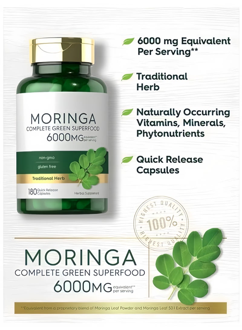 مورينجا غير معدلة وراثياً، خالية من الغلوتين، تركيبة عشبية تقليدية تحتوي على الفيتامينات والمغذيات النباتية الطبيعية. 180 كبسولة سريعة التحرر لكل زجاجة، معتمدة كمنتج طبيعي وعضوي بالكامل، لتوفير التغذية الخضراء اليومية الكاملة. - Image 3
