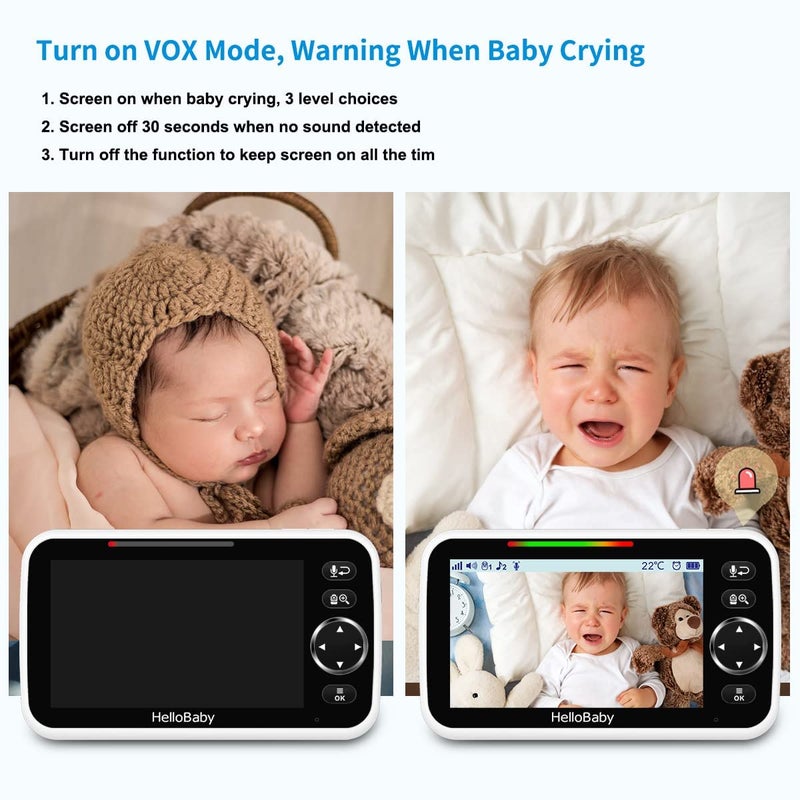 HelloBaby No WiFi Baby Monitor 5" Screen 30-Hour Battery Pan-Tilt-Zoom Video Upgrade with Camera and Audio, Night Vision, VOX, 2-Way Talk, 8 Lullabies and 1000ft Range, HB6550 - Image 5