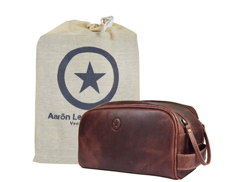 AARON LEATHER GOODS VENDIMIA ESTILO 10" Premium Leather Toiletry Travel Pouch With Waterproof Lining | King-Size Handcrafted Vintage Dopp - Kit By Aaron Leather Goods (Dark Brown) - Image 1