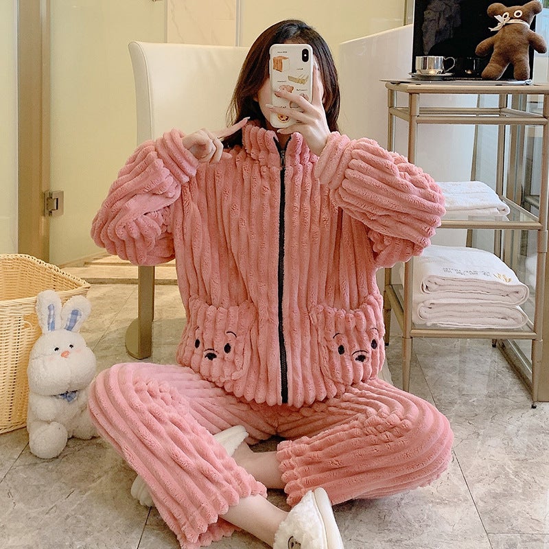 Autumn and winter flannel strip cute sweet coral velvet thick plus fat increase 220kg fat MM can wear home clothes - Image 5