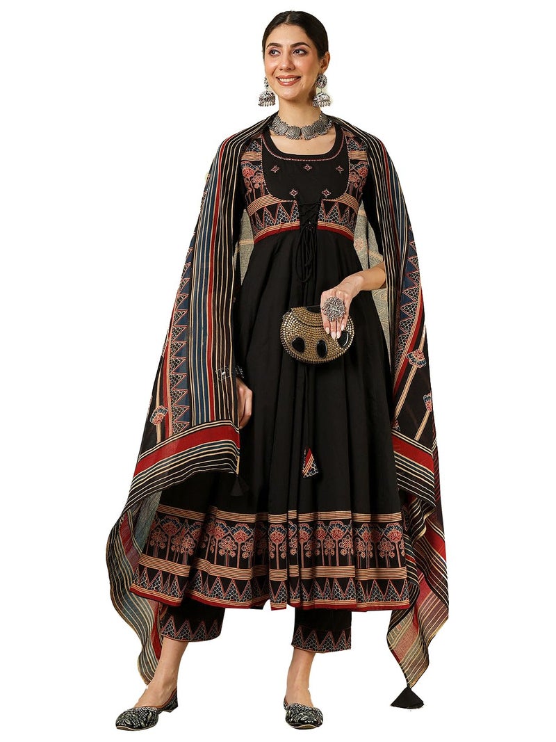 Kimayra Women's Cotton Calf Length Printed Embroidered A-Line Round Neck Kurta Suit Set (KIM8009PC3Black_L, Black) - Image 4