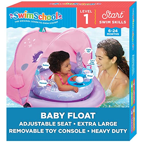 SwimSchool Baby Pool Float with Adjustable Canopy 624 Months Includes 5Toy Interactive Play Console Safety Seat Pink