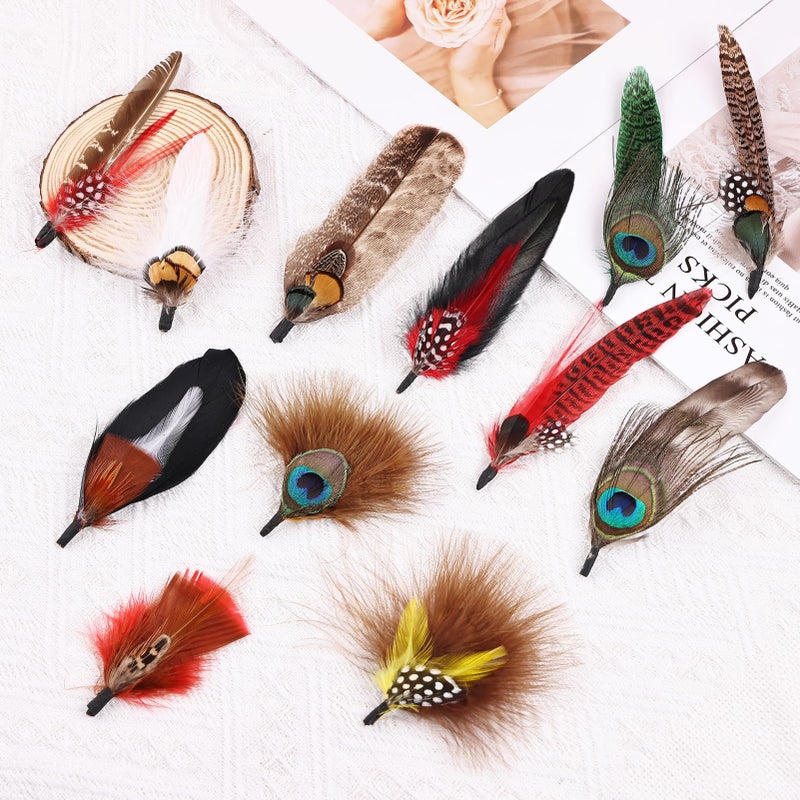 iHUFeather 12Pcs Hat Feathers, Assorted Natural Feathers for Hats Colorful Real Feathers Pin for DIY Craft, Men Women Cowboy Hats, Fedora, Party Hats,Oktoberfest (12 Style) - Image 3