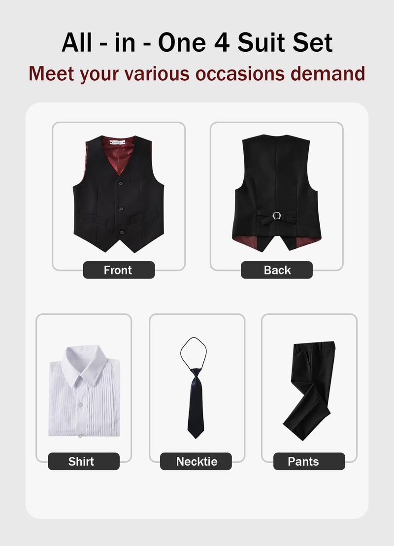 YuanLu 4 Piece Boys's Formal Suit Set with Black Vest Pants White Dress Shirt and Tie Size 10 - Image 2