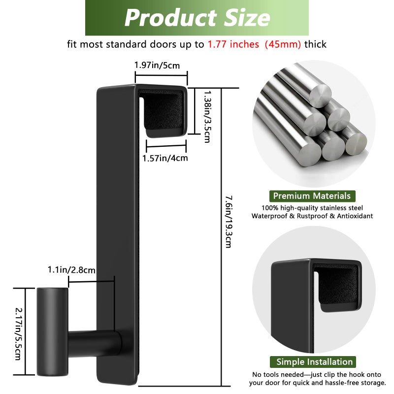 VINHOLD Heavy Duty Stainless Steel Over-Door Hook for Coats, Totes, Towels â€“ Easy Install Door Hooks with Non-Slip Pads for Bedroom Bathroom Entryway Office (Black, 2 Pack, Fits 1-3/4" Thick Door) - Image 2