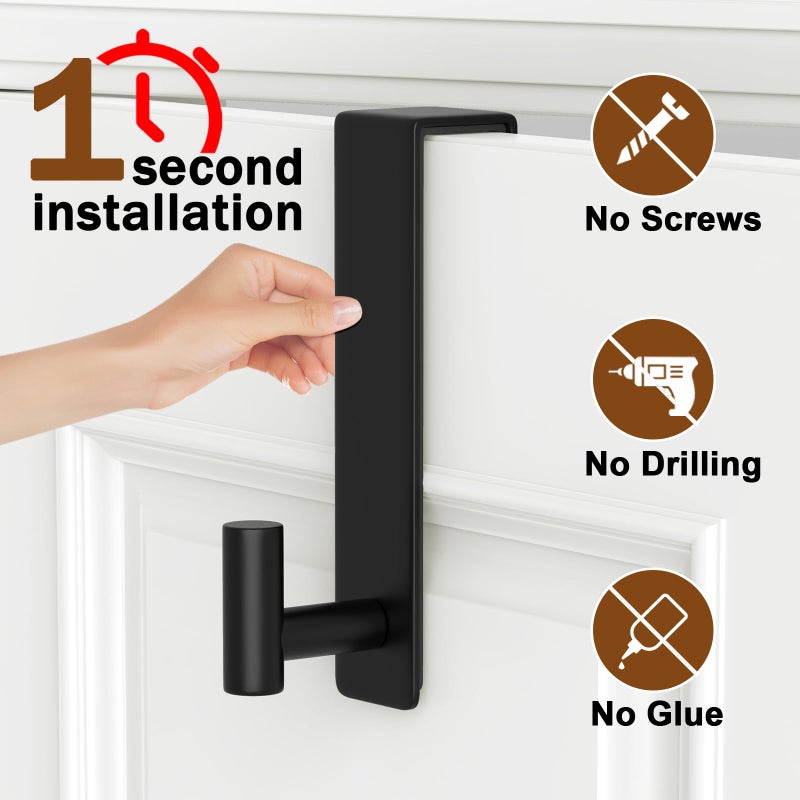 VINHOLD Heavy Duty Stainless Steel Over-Door Hook for Coats, Totes, Towels â€“ Easy Install Door Hooks with Non-Slip Pads for Bedroom Bathroom Entryway Office (Black, 2 Pack, Fits 1-3/4" Thick Door) - Image 3