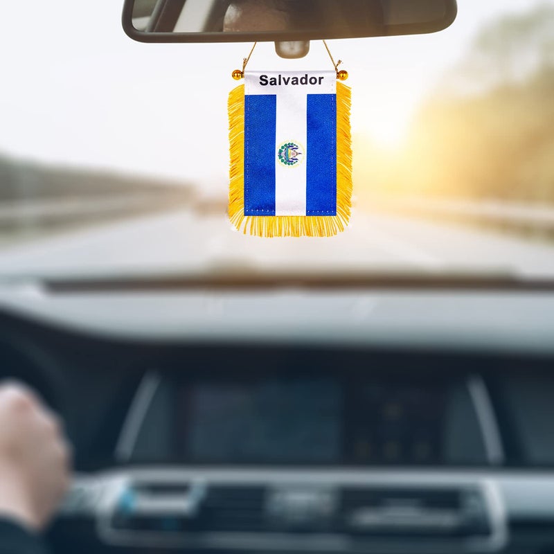 WXTWK 3 X 5 Inch salvador Flag Salvadorans Window Hanging Flag Small Mini Car Flags Banners Rearview Mirror Decoration With Suction Cup Golden Fringy Banner - Image 5