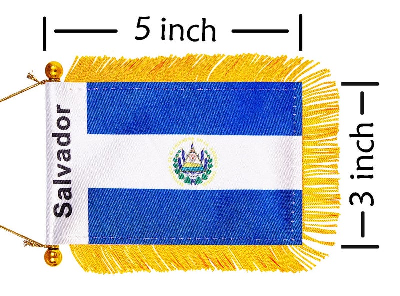 WXTWK 3 X 5 Inch salvador Flag Salvadorans Window Hanging Flag Small Mini Car Flags Banners Rearview Mirror Decoration With Suction Cup Golden Fringy Banner - Image 2