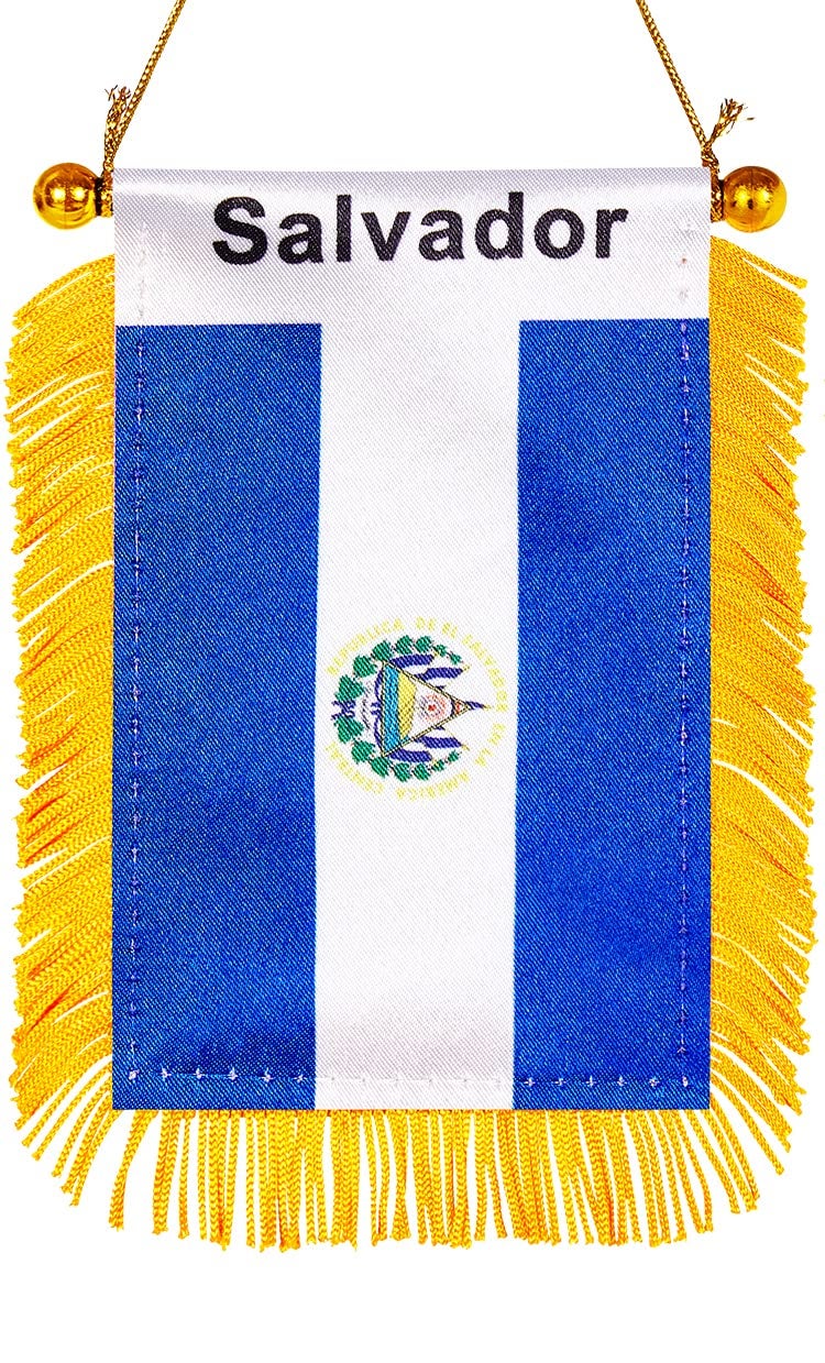 WXTWK 3 X 5 Inch salvador Flag Salvadorans Window Hanging Flag Small Mini Car Flags Banners Rearview Mirror Decoration With Suction Cup Golden Fringy Banner - Image 1