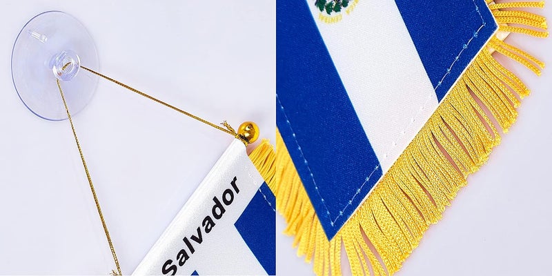 WXTWK 3 X 5 Inch salvador Flag Salvadorans Window Hanging Flag Small Mini Car Flags Banners Rearview Mirror Decoration With Suction Cup Golden Fringy Banner - Image 3