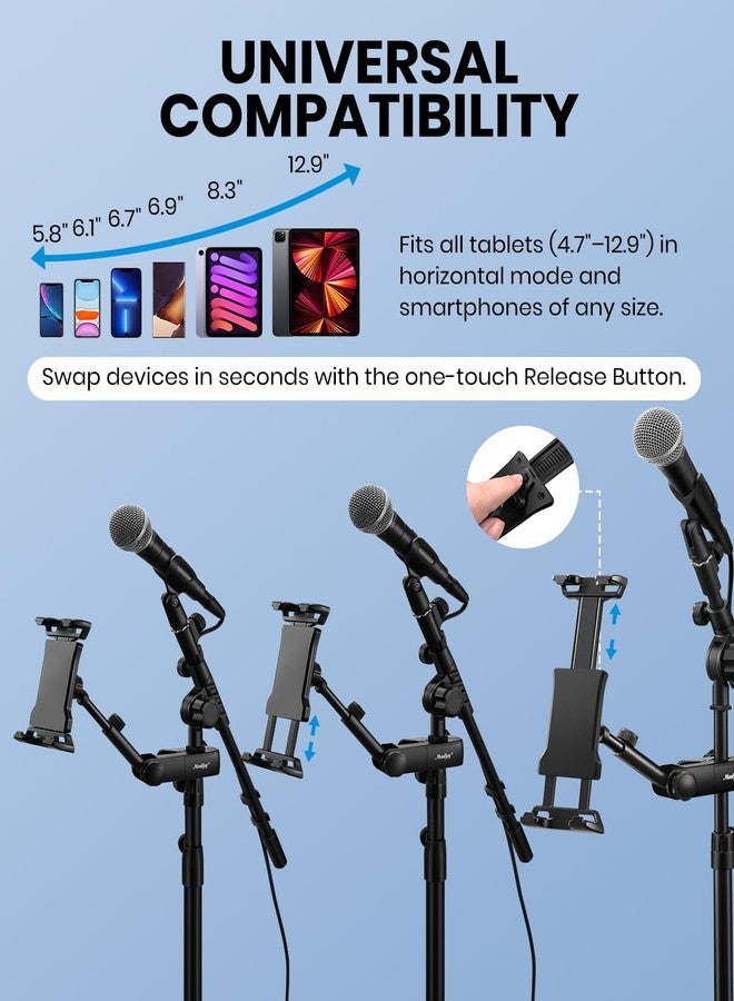 Moukey Tablet Holder for Mic Stand, Adjustable Microphone Music Stand Phone Mount, Compatible with iPad, iPhone, Android, All 4.7 to 12.9 Inches Tablets & Smartphones - Image 3