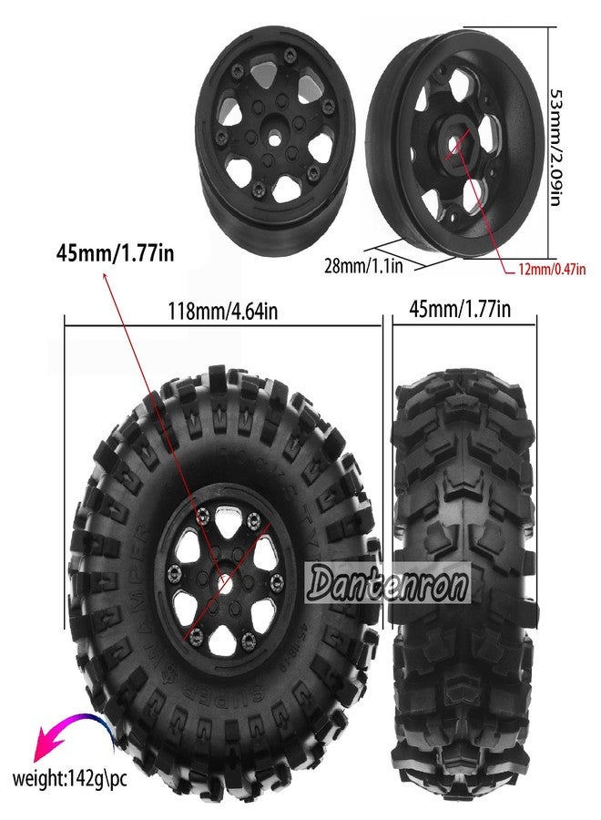 Dantenron 1.9 Rock Crawler Mud Tires and Plastic Wheels Rims OD 118mm 1/10 rc Rubber Grappler hubs Tyres with Foam for 1:10 Crawler Car Tamiya CC01 Traxxas TRX4 Axial SCX10 II RC4WD Gen8 4PCS (Black) - Image 2