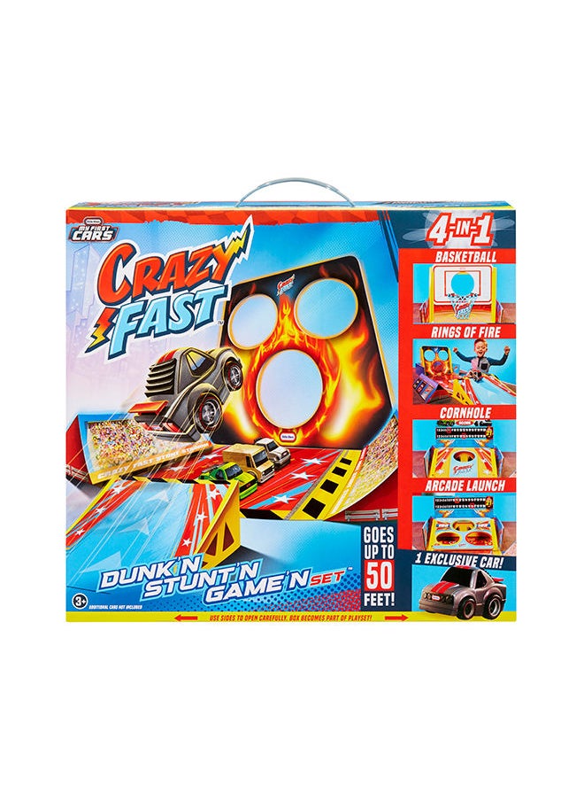 little tikes My First Cars Crazy Fast 4-in-1 Dunk’n Stunt’n Game’n Set with One Exclusive Pullback Toy Car Vehicle Goes up to 50ft  - Image 1