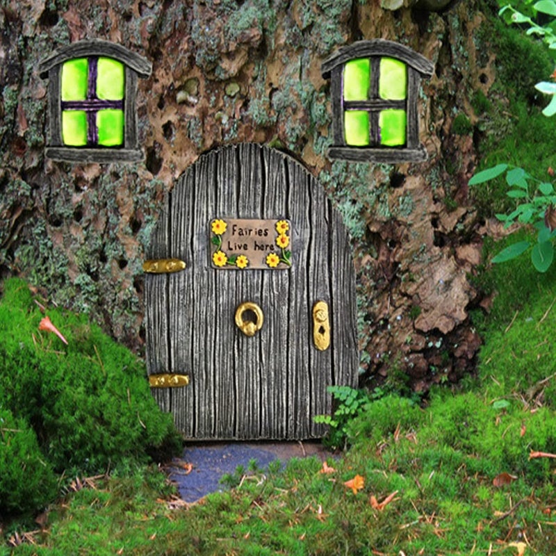 MasGo Fairy Garden Doors and Windows for Trees Miniature Fairy Gnome Home Glow in The Dark Yard Art Sculpture Decoration Miniature Accessories3 Pack