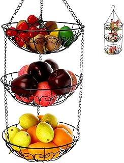 Dicunoy Dicunoy 3-Tier Hanging Fruit Basket, Heavy Duty Wire Baskets for Kitchen, Rustic Hanging Veggie Rack, Metal Fruit  - Image 1