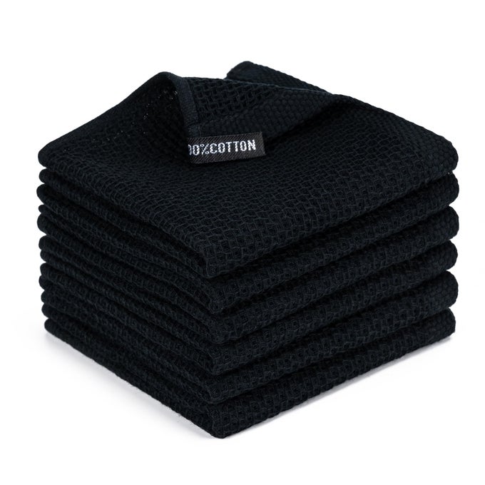 6PACK KITCHEN DISH CLOTHS 100 COTTON WAFFLE WEAVE ULTRA SOFT ABSORBENT QUICK DRYING DISH TOWELS 12X12 INCHES BLACK