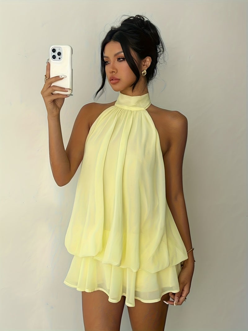 New Women'S Solid Color Tie Halter Neck Small Stand-Up Collar Multi-Layered Irregular Dress, Fashionable And Elegant for Commuting, Going Out, Dating Parties, Street Trends, Casual Aftern... - Image 4
