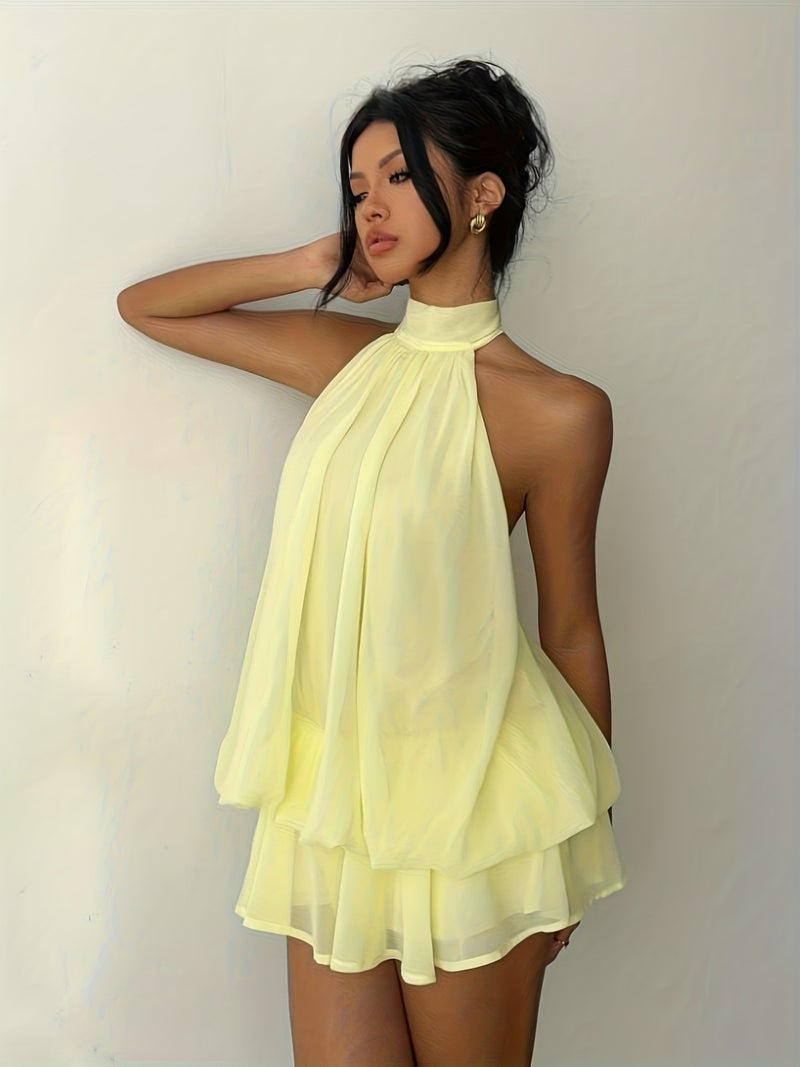 New Women'S Solid Color Tie Halter Neck Small Stand-Up Collar Multi-Layered Irregular Dress, Fashionable And Elegant for Commuting, Going Out, Dating Parties, Street Trends, Casual Aftern... - Image 5