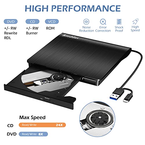 Rioddas Disk Duplicator External DVD Drive USB 3.0 Type C Portable CD DVD +/-RW Optical Drive Player DVD/CD ROM Burner Reader Writer Compatible with Laptop Desktop PC Windows Linux OS Apple Mac MacBook - Image 2