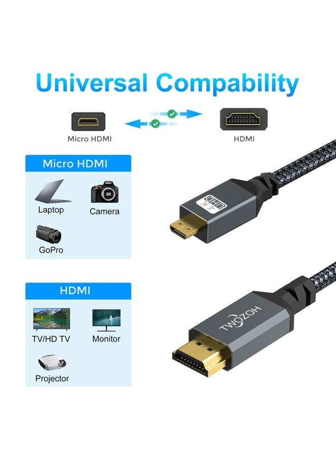 Twozoh كابل 4K Micro HDMI إلى HDMI بطول 5م، كابل HDMI عالي السرعة إلى Micro HDMI 2.0 مع حياكة يدعم 3D 4K 60Hz 1080p لكاميرا GoPro Hero 7، كاميرا سوني، Raspberry Pi 4، Nikon B500 - Image 2