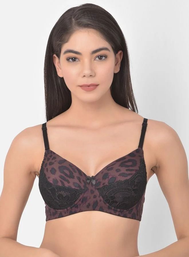 كلوفيا Clovia Padded Non-Wired Full Cup Multiway Animal Print Bridal Bra in Dark Purple - Lace