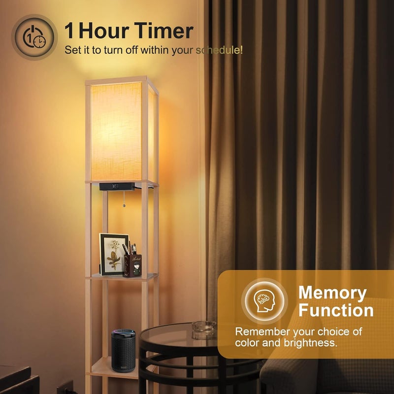 OUTON Shelf Floor Lamp with Remote, 4 Colour Temperature Adjustable LED Dimmable Floor Lamp with 2 USB Ports, 1H Timer, Tall Standing Floor Lamps for Living Room Bedroom Office, Wood - Image 5