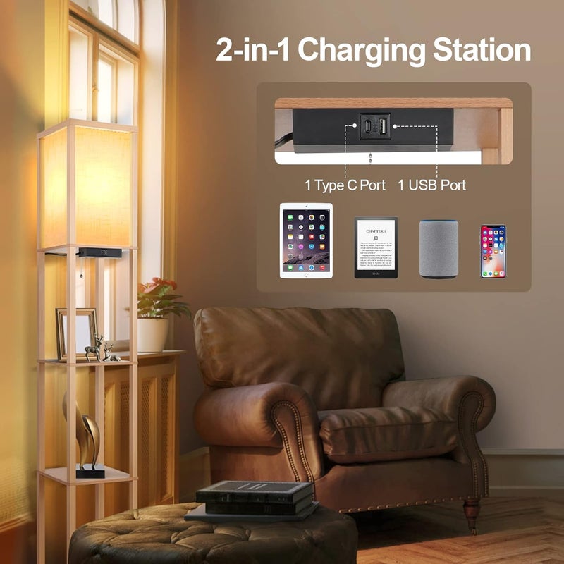 OUTON Shelf Floor Lamp with Remote, 4 Colour Temperature Adjustable LED Dimmable Floor Lamp with 2 USB Ports, 1H Timer, Tall Standing Floor Lamps for Living Room Bedroom Office, Wood - Image 4