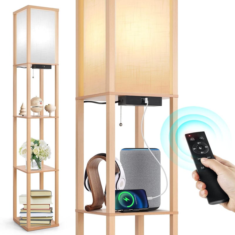 OUTON Shelf Floor Lamp with Remote, 4 Colour Temperature Adjustable LED Dimmable Floor Lamp with 2 USB Ports, 1H Timer, Tall Standing Floor Lamps for Living Room Bedroom Office, Wood - Image 1