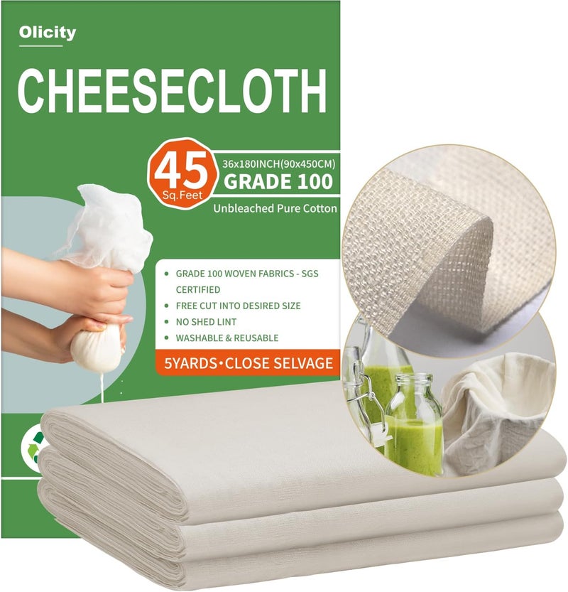Olicity Cheese Cloths, Grade 100, 45 Sq Feet, Reusable Cheese Cloth with Closed Edges Fabric Fine Mesh Cloth, Unbleached Cotton Muslin Cheesecloth for Straining, Baking, Milk, Free Cutting - 5 Yards - Image 1