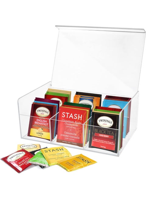 Acrylic Tea Bag Holder Storage Organizer, BPA-Free Clear Plastic Tea Box with Lid