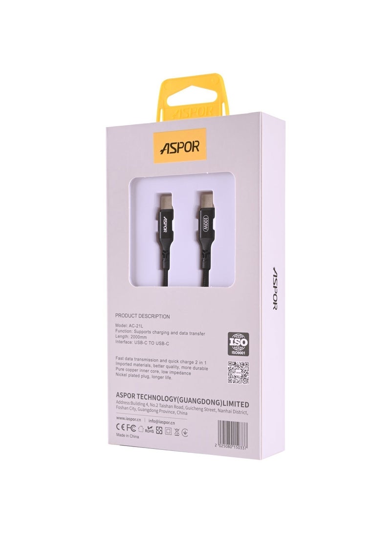 أسبور كيبل جوال ASPOR AC-21L USB-C إلى USB-C –  سرعة فائقة وأداء احترافي بقدرة 100 واط 🔋 - Image 4