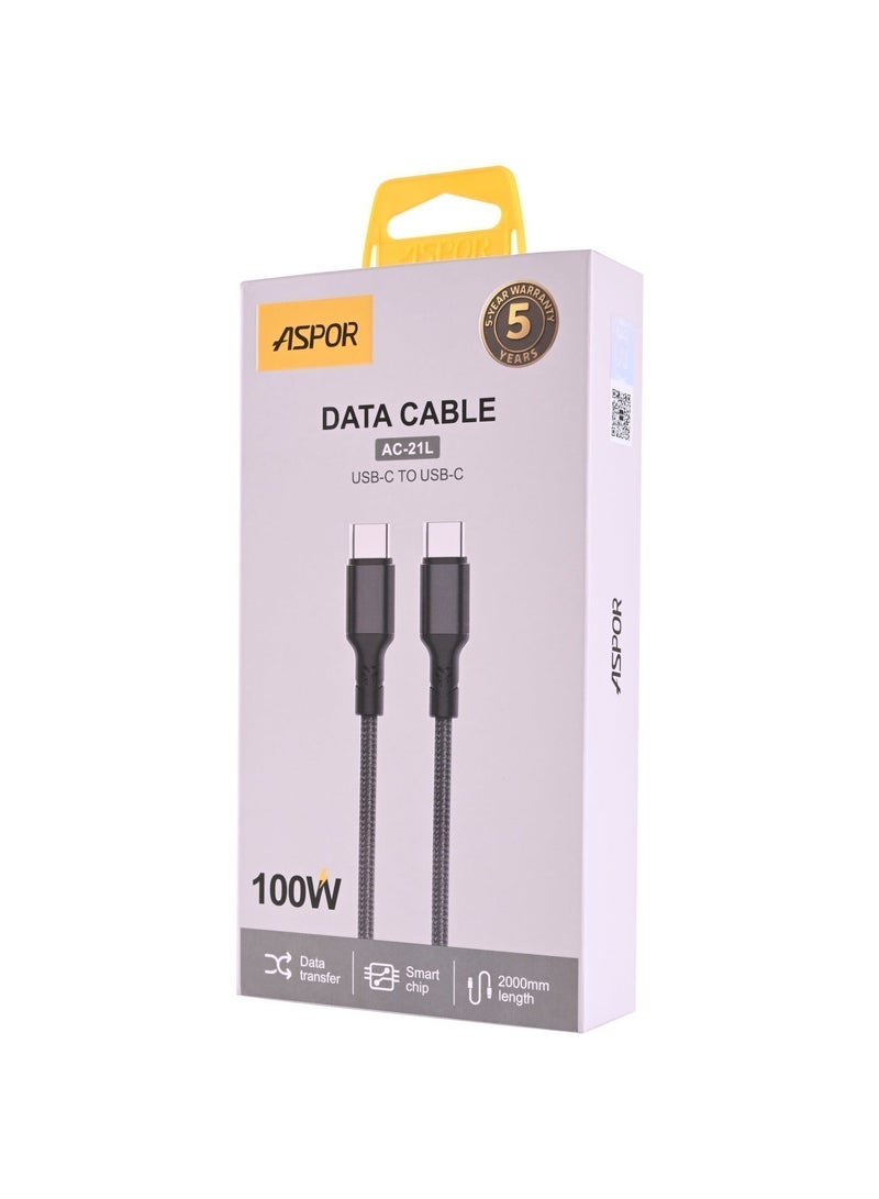 أسبور كيبل جوال ASPOR AC-21L USB-C إلى USB-C –  سرعة فائقة وأداء احترافي بقدرة 100 واط 🔋 - Image 1