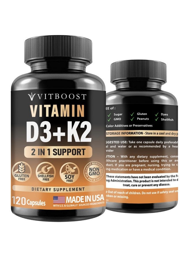 VITBOOST VITBOOST Vitamin D3 K2 Complex - Easy to Swallow - Vitamin D (D3) 5000 IU (125 mcg) & K2(MK-7) 90 mcg | Non-GMO | Gluten-Free | USA Made | 120 Capsules  - Image 1