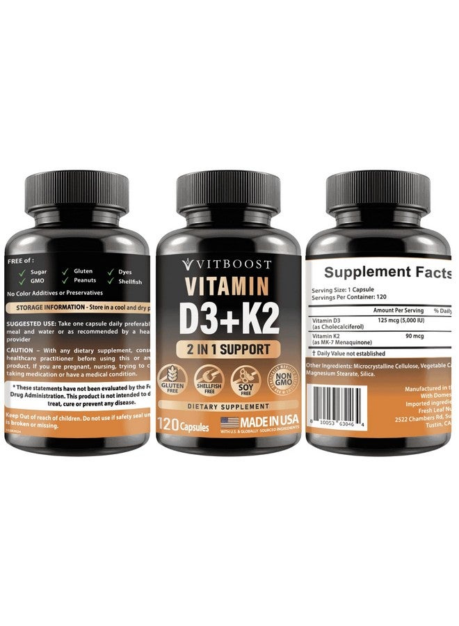 VITBOOST VITBOOST Vitamin D3 K2 Complex - Easy to Swallow - Vitamin D (D3) 5000 IU (125 mcg) & K2(MK-7) 90 mcg | Non-GMO | Gluten-Free | USA Made | 120 Capsules  - Image 2